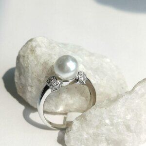 White Shell Pearl Pave CZ Cocktail Ring Size 9